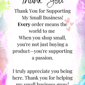 Peut inclure: Un fond blanc avec des &eacute;claboussures de peinture aquarelle color&eacute;es et les mots "Thank You" dans une police manuscrite. Le texte se lit "Thank You for Supporting My Small Business!" et plus encore.