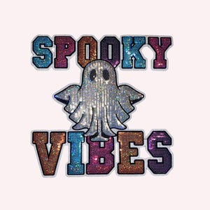 May include: A sequined patch featuring a shimmering ghost with the words "SPOOKY VIBES" above and below. The text and ghost are outlined in various colors, including blue, orange, and purple, on a light pink background. The patch is designed for Halloween.