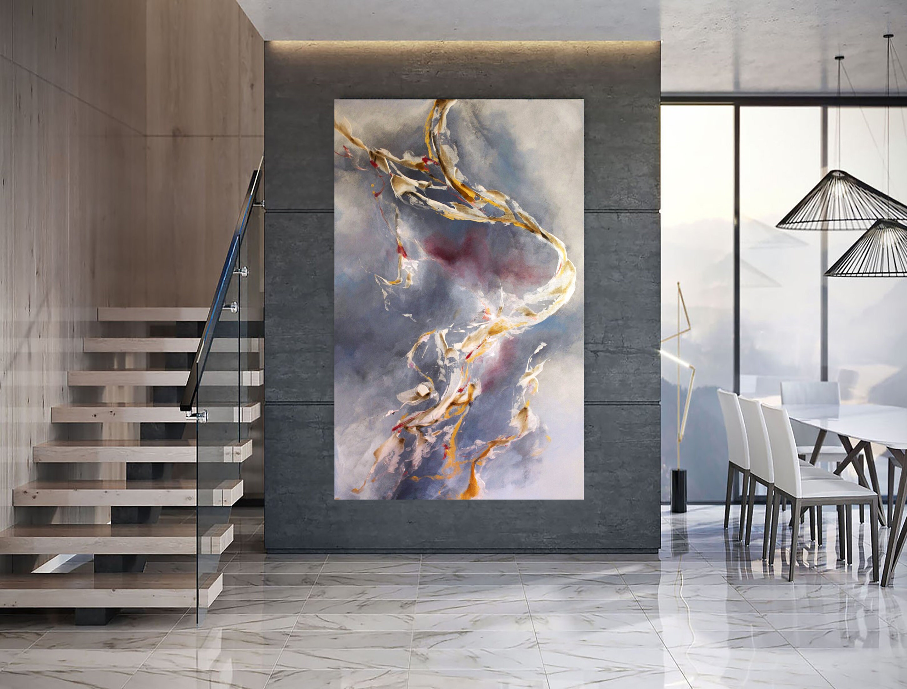 Large abstract original painting / silver gold wall art canvas Etsy