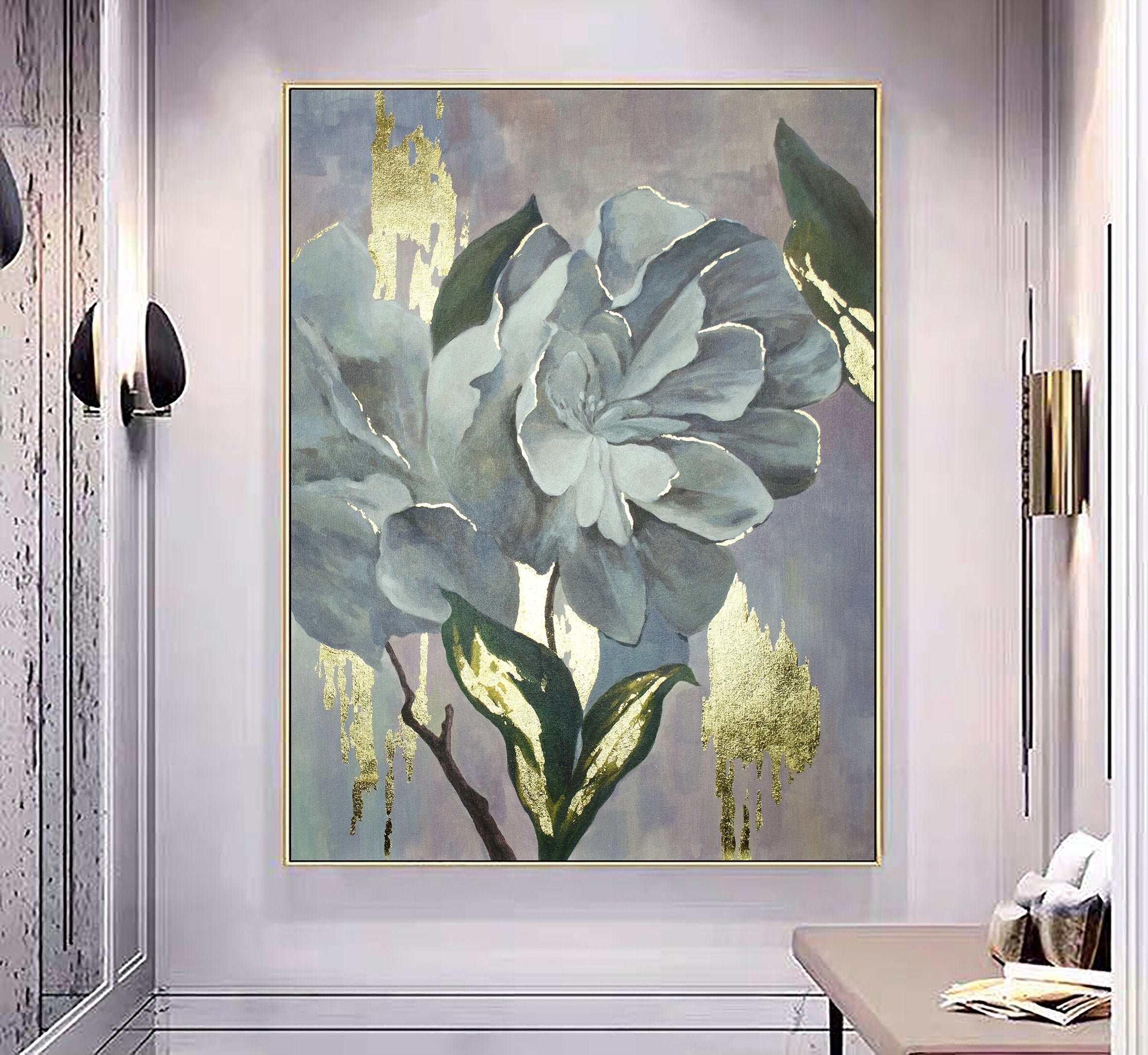 Large gold white flower painting original / abstract canvas Etsy