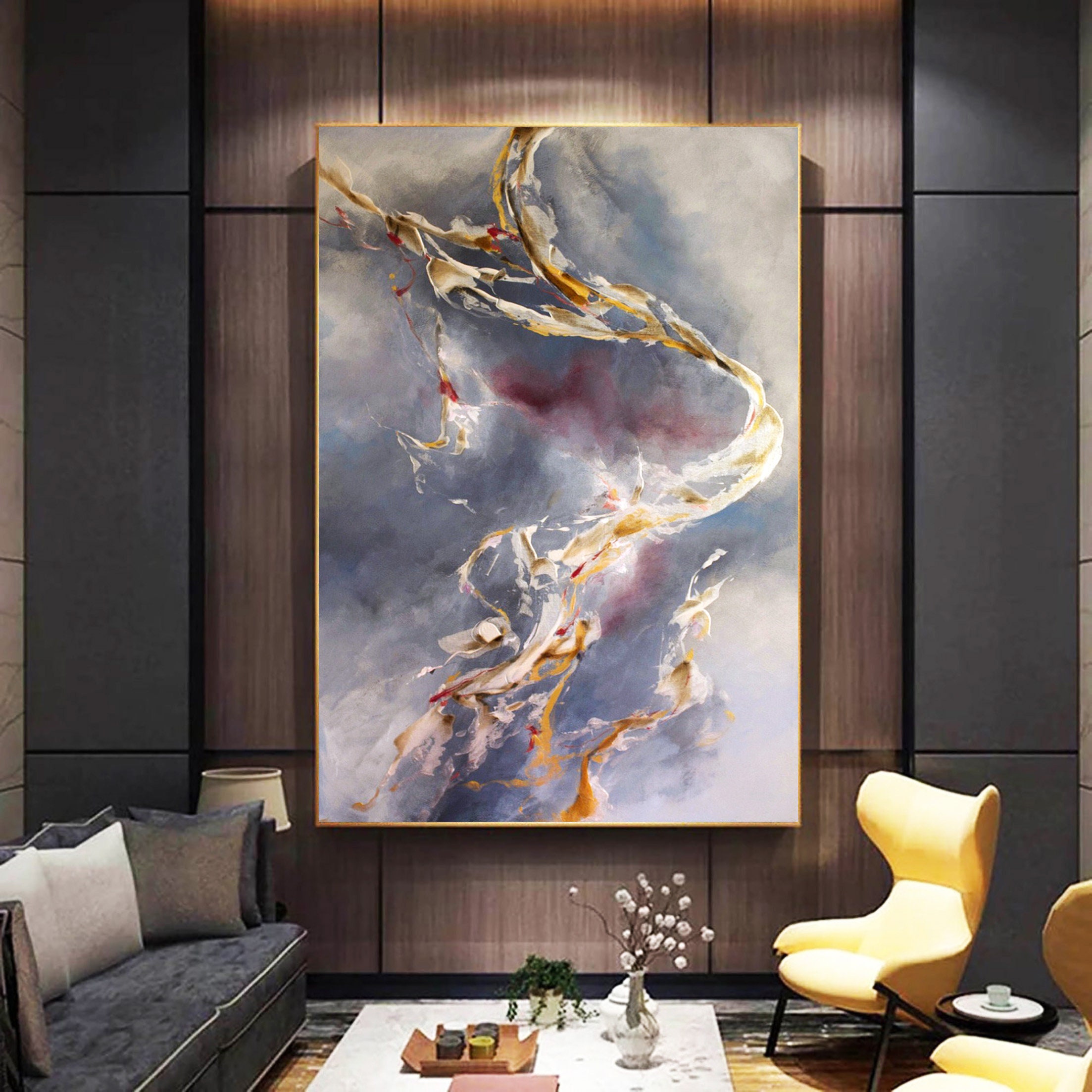 Large abstract original painting / silver gold wall art canvas Etsy