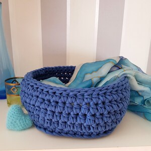 Crochet Utensilo Bowl Storage Basket Decorative Basket Crocheted Textile Ribbon Royal Blue Recycled Yarn