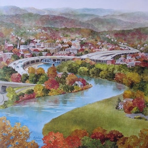 May include: A watercolor painting of a city landscape with a river winding through it. The city is nestled in a valley with mountains in the background. The trees are in autumn colors, with shades of red, orange, yellow, and green. The river is a light blue color, and the sky is a pale blue.