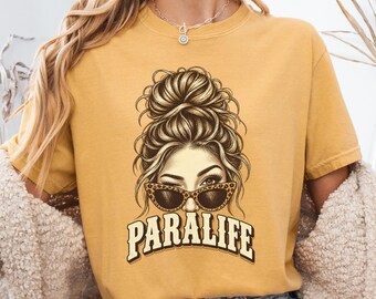 Paraprofessional Teacher Gift Apparel, Comfort Colors Leopard Messy Bun Graphic Tee Women
