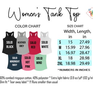 May include: A size chart for tank tops with measurements in inches. The chart shows the width and length of the tank tops in sizes S, M, L, XL, and 2XL. The tank tops are available in a variety of colours, including black, grey, red, white, navy, pink, and mint.