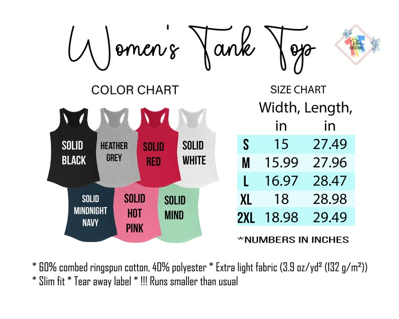 May include: A size chart for tank tops with measurements in inches. The chart shows the width and length of the tank tops in sizes S, M, L, XL, and 2XL. The tank tops are available in a variety of colours, including black, grey, red, white, navy, pink, and mint.
