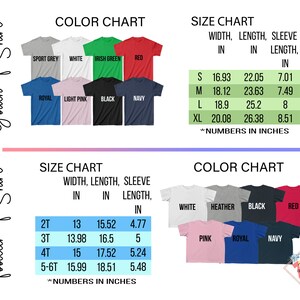 May include: Size and color chart for youth and toddler t-shirts. The chart shows the width, length, and sleeve length in inches for different sizes. The color chart shows the available colors for the t-shirts, including sport grey, white, Irish green, red, royal, light pink, black, navy, heather, and pink.
