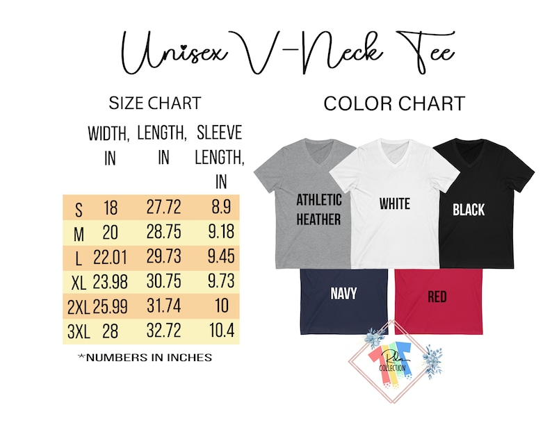 May include: Size chart for a unisex V-neck tee shirt with measurements in inches. The chart shows width, length, and sleeve length for sizes S, M, L, XL, 2XL, and 3XL. Color chart shows five colors: Athletic Heather, White, Black, Navy, and Red.
