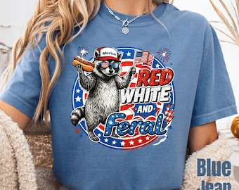 Camiseta para amantes de la vida silvestre con mapaches rojos, blancos y salvajes, divertida camiseta de regalo para el 4 de julio.