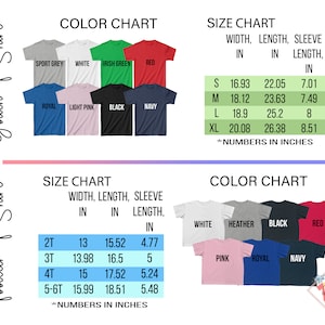 May include: Size and colour chart for youth and toddler t-shirts. The chart shows the width, length, and sleeve length in inches for different sizes. The colour chart shows a variety of colours, including sport grey, white, Irish green, red, royal, light pink, black, navy, heather, and pink.
