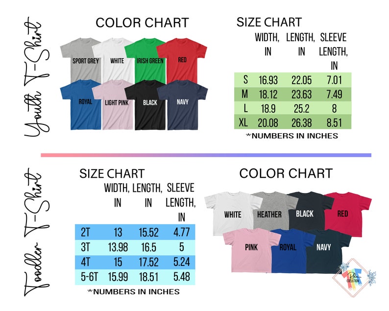 May include: Size and colour chart for youth and toddler t-shirts. The chart shows the width, length, and sleeve length in inches for different sizes. The colour chart shows a variety of colours, including sport grey, white, Irish green, red, royal, light pink, black, navy, heather, and pink.