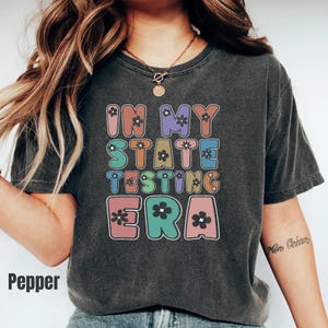 May include: A charcoal gray short-sleeve t-shirt featuring the text IN MY STATE TESTING ERA in a multi-colored, retro-inspired font. Each letter is filled with muted tones of pink, blue, orange, and green, accented with small black flower icons.