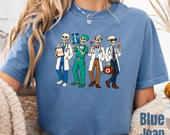 Comfort Colors Doctor Skeletons Medical Graphic Tee Shirt, Spooky Halloween Healthcare Worker Gift Apparel