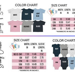 May include: Size chart for baby onesies and t-shirts. The chart shows the width, length, and sleeve length in inches for sizes NB (0-3 months), 6 months, 12 months, 18 months, and 24 months. The colour chart shows the available colours for the onesies and t-shirts: navy, heather, white, pink, black, and light blue.