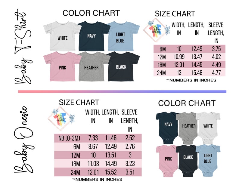 May include: Size chart for baby onesies and t-shirts. The chart shows the width, length, and sleeve length in inches for sizes NB (0-3 months), 6 months, 12 months, 18 months, and 24 months. The colour chart shows the available colours for the onesies and t-shirts: navy, heather, white, pink, black, and light blue.