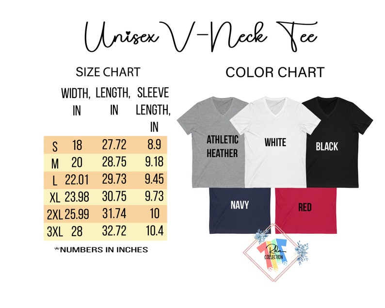May include: Size chart for a unisex V-neck T-shirt. The chart shows width, length, and sleeve length in inches for sizes S, M, L, XL, 2XL, and 3XL. The colour chart shows five colours: Athletic Heather, White, Black, Navy, and Red.