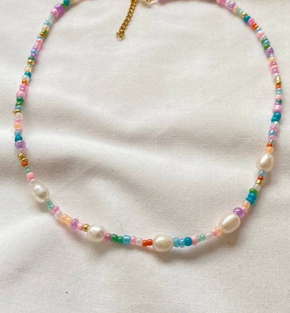 Mixed pearls beaded necklace colored beads and freshwater | Etsy