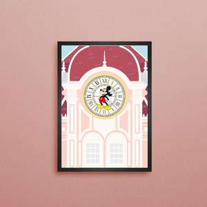 Disneyland Paris hotel poster, digital illustration of Disneyland Paris, Disneyland hotel clock, 30th anniversary, wall decoration