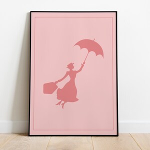 Dibujo de silueta de Mary Poppins de Disney en tonos rosas para decoración del hogar.  Supercalifragilisticoespialidoso.