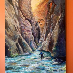 The Narrows- gorgeous landscape art print of hiker in the canyon. Light pours in illuminating the canyon walls and the watchers within!