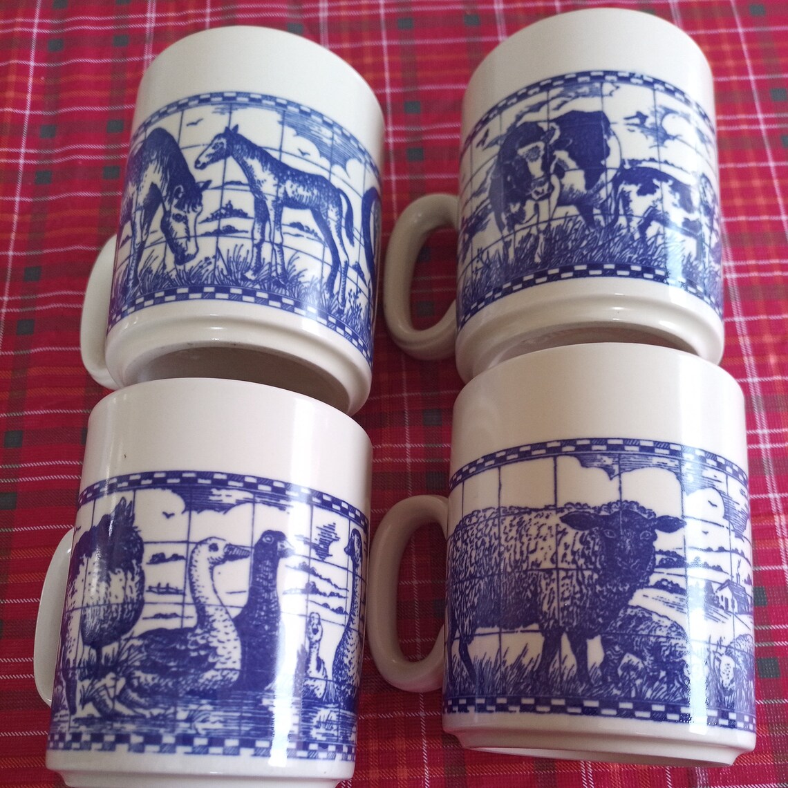 Vintage Churchill England Mugs Blue Farm Animal Pattern Etsy