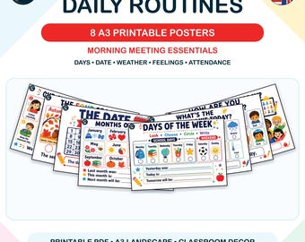 Puede incluir: Un conjunto de 8 pósteres imprimibles A3 para un aula de inglés, titulados Daily Routines y Morning Meeting Essentials. Los pósteres presentan gráficos coloridos para días, fechas, clima, sentimientos y asistencia, con texto como Days of the Week.