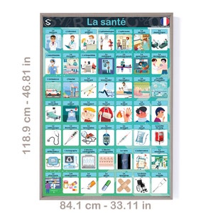 May include: A colourful educational poster with illustrations and French vocabulary words related to health and medicine. The poster is 118.9 cm tall and 84.1 cm wide. The poster features a variety of medical terms, including "la santé" (health), "l'infirmière" (nurse), "le médecin" (doctor), "l'hôpital" (hospital), and "la pharmacie" (pharmacy).