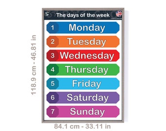Puede incluir: Un gráfico colorido con los días de la semana enumerados en orden. Cada día está en un rectángulo separado con un color diferente. Los números del 1 al 7 están enumerados junto a cada día. El gráfico tiene 118,9 cm de alto y 84,1 cm de ancho.
