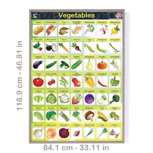 Op de afbeelding: Een ingelijste educatieve poster getiteld "Groenten" met verschillende groente-illustraties. De poster is 84,1 cm breed en 118,9 cm hoog. De poster bevat de namen van de groenten.