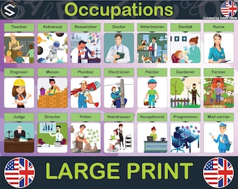 May include: A colorful educational poster featuring illustrations of various occupations, including a teacher, astronaut, doctor, and farmer. The poster has the text "Occupations" at the top and "LARGE PRINT" at the bottom, with American and British flags on the sides.