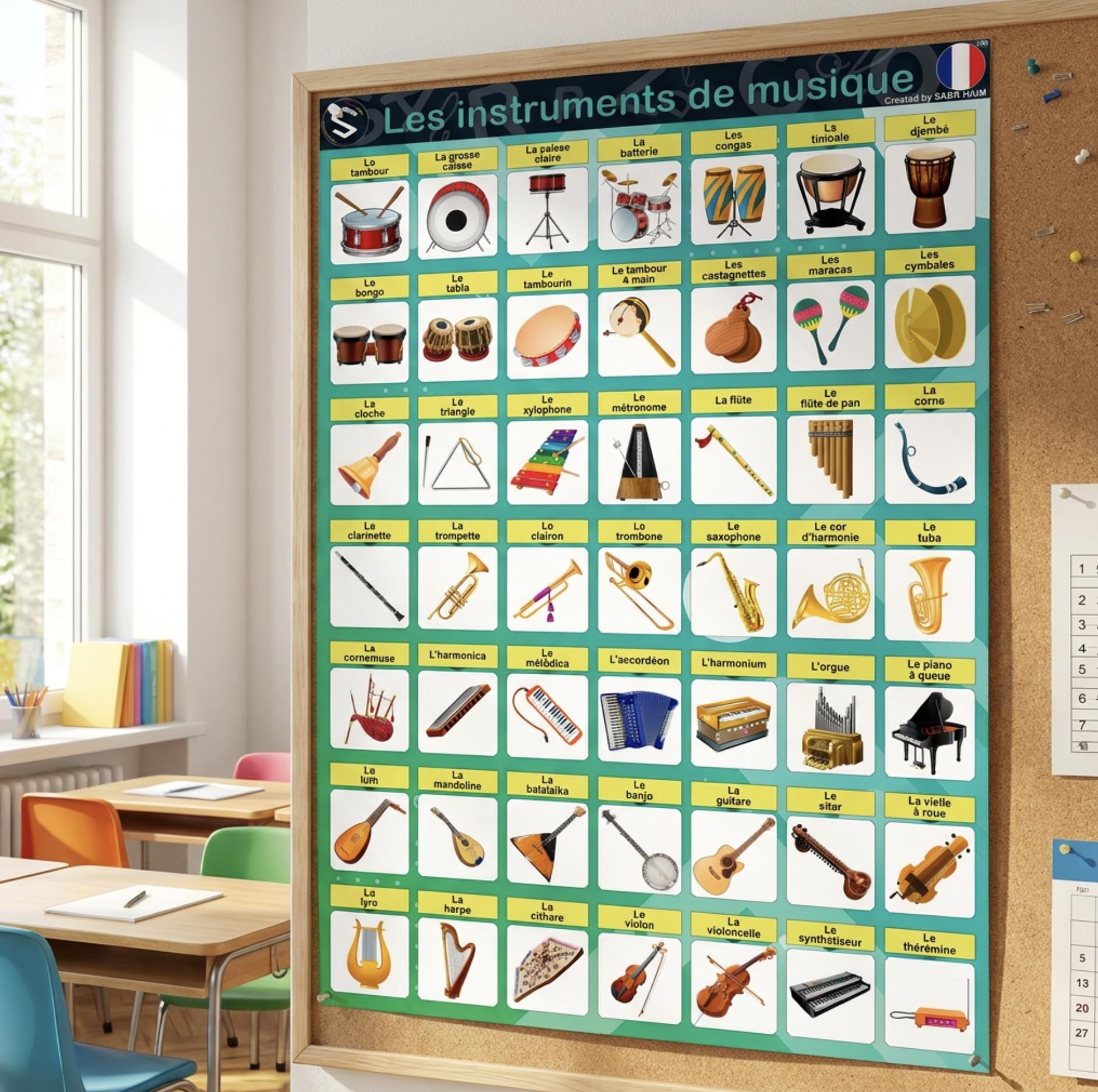 FRENCH Musical Instruments Vocabulary Large Printable Poster | Les