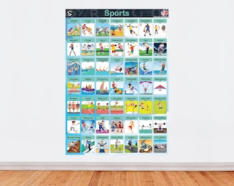 May include: A colorful poster featuring illustrations of various sports, including football, baseball, and swimming. The word "Sports" is displayed at the top, with the English flag in the upper right corner. The poster is mounted on a white wall above a wooden floor.