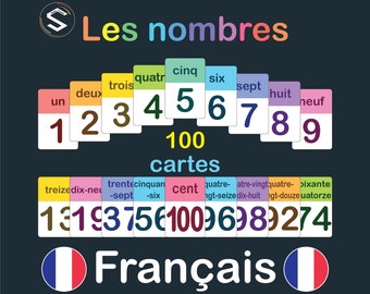 Puede incluir: Cartas de colores con números franceses del 1 al 100. Las cartas están dispuestas en una fila con el número y la palabra francesa para el número en cada carta. Las palabras "Les nombres" y "cartes" están en la parte superior de la imagen. La bandera francesa está a ambos lados de la palabra "Français" en la parte inferior de la imagen.