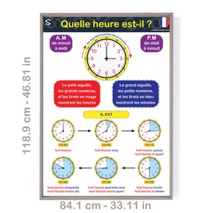 FRANZÖSISCH| Quelle heure est-il ? | Wie spät ist es? Lernen Sie, Zeit auf Französisch zu lesen | Großes druckbares Poster für Klassenzimmer und Homeschooling