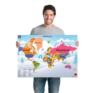 Weltkarte | DEUTSCHE Weltkarte mit Winter Hintergrund "Extra großes" Poster zur Dekoration für das Klassenzimmer | Digitaler Download | [5 Verhältnisse].