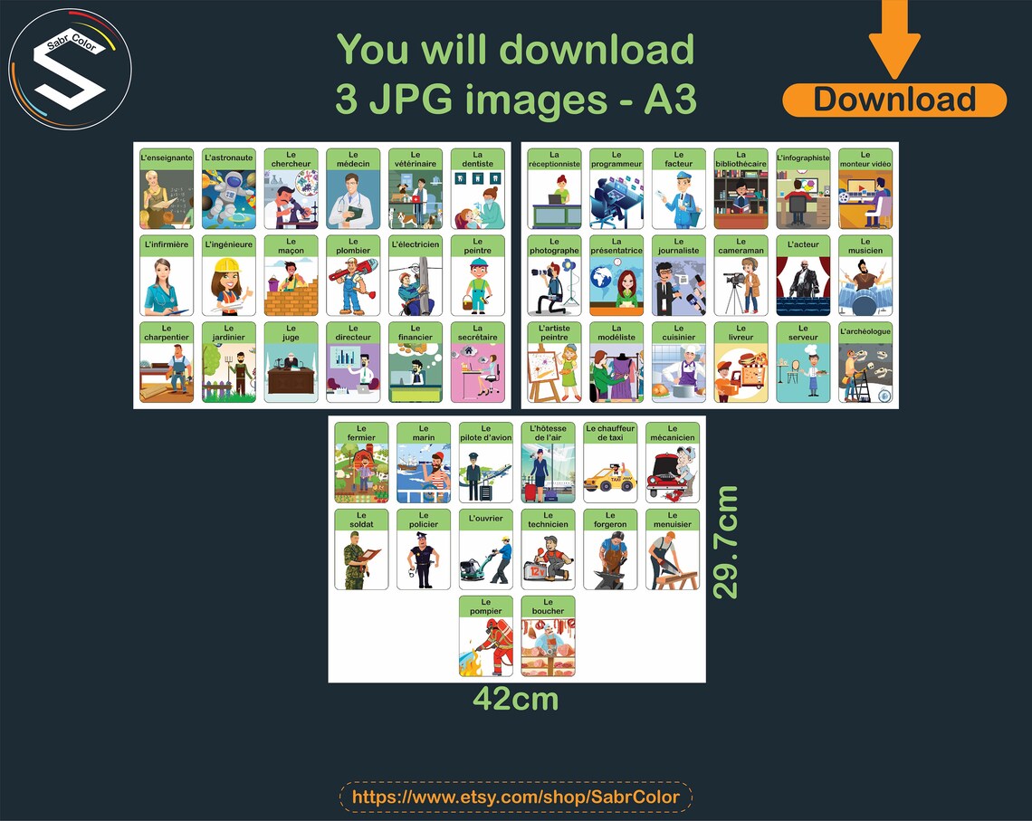 French Jobs Flashcards / Les métiers / Printable Jobs Etsy