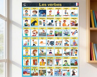 Tabla imprimible de verbos franceses para niños / Póster de vocabulario de verbos / Lengua Extranjera y Programas de Inmersión en Francés