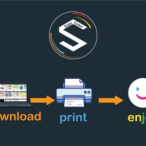 Op de afbeelding: Een grafiek die de stappen laat zien om een digitaal product te downloaden, af te drukken en te genieten. De grafiek toont een laptop met een digitaal product op het scherm, een printer en een lachend gezicht.