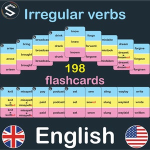 English irregular verbs conjugation printable flashcards | present, past and past participle of 198 irregular verbs | DIGITAL DOWNLOAD