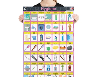 Puede incluir: Un póster ilustrado rosa y blanco con la palabra "Higiene" en una fuente rosa grande. El póster presenta imágenes y etiquetas para varios artículos de baño e higiene, incluyendo una bañera, una cortina de ducha, un inodoro, un cepillo de dientes, pasta de dientes, y más.