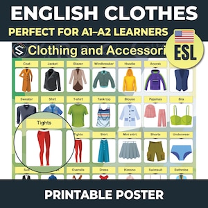 Puede incluir: Un póster imprimible titulado "English Clothes" para estudiantes de A1-A2. El póster presenta ilustraciones de varias prendas de vestir, incluyendo un abrigo, una chaqueta, un blazer, un cortavientos, una sudadera con capucha, un anorak, un suéter, una camisa, una camiseta, una camiseta sin mangas, una blusa, un pijama, un sujetador, unas mallas, una falda, una minifalda, unos pantalones cortos y ropa interior.