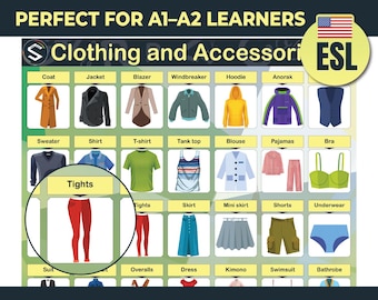 May include: A printable poster titled "English Clothes" for A1-A2 learners. The poster features illustrations of various clothing items, including a coat, jacket, blazer, windbreaker, hoodie, anorak, sweater, shirt, T-shirt, tank top, blouse, pajamas, bra, tights, skirt, mini skirt, shorts, and underwear.