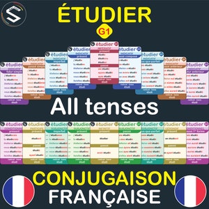 Conjugaison du Verbe (ÉTUDIER) à TOUS Les Temps, Conjugaison des verbes français Flash Cards, Conjugaison des verbes les plus utilisés en français.