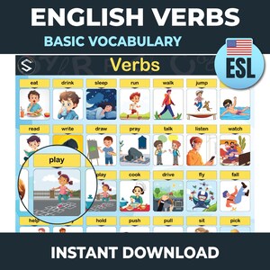 Póster Verbos en Inglés, Palabras de Acción, ESL Imprimible, Decoración Aula, Aprender Inglés, Poster Educativo
