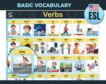 May include: A colorful educational chart titled "English Verbs" with basic vocabulary. The chart features illustrations of actions like "eat," "drink," and "play." The text "Instant Download" is at the bottom, with an ESL logo.