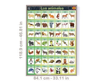 May include: A colorful educational chart featuring illustrations of various animals, with their Spanish names listed below each image. The chart is titled "Los animales" and measures 46.81 inches by 33.11 inches.