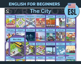 May include: A large, colorful poster titled "ENGLISH CITY" for English language learners. The poster features illustrations of city elements like a bus stop, street, and bridge, with labels. Includes the text "ENGLISH FOR BEGINNERS" and "LARGE PRINTABLE POSTER".