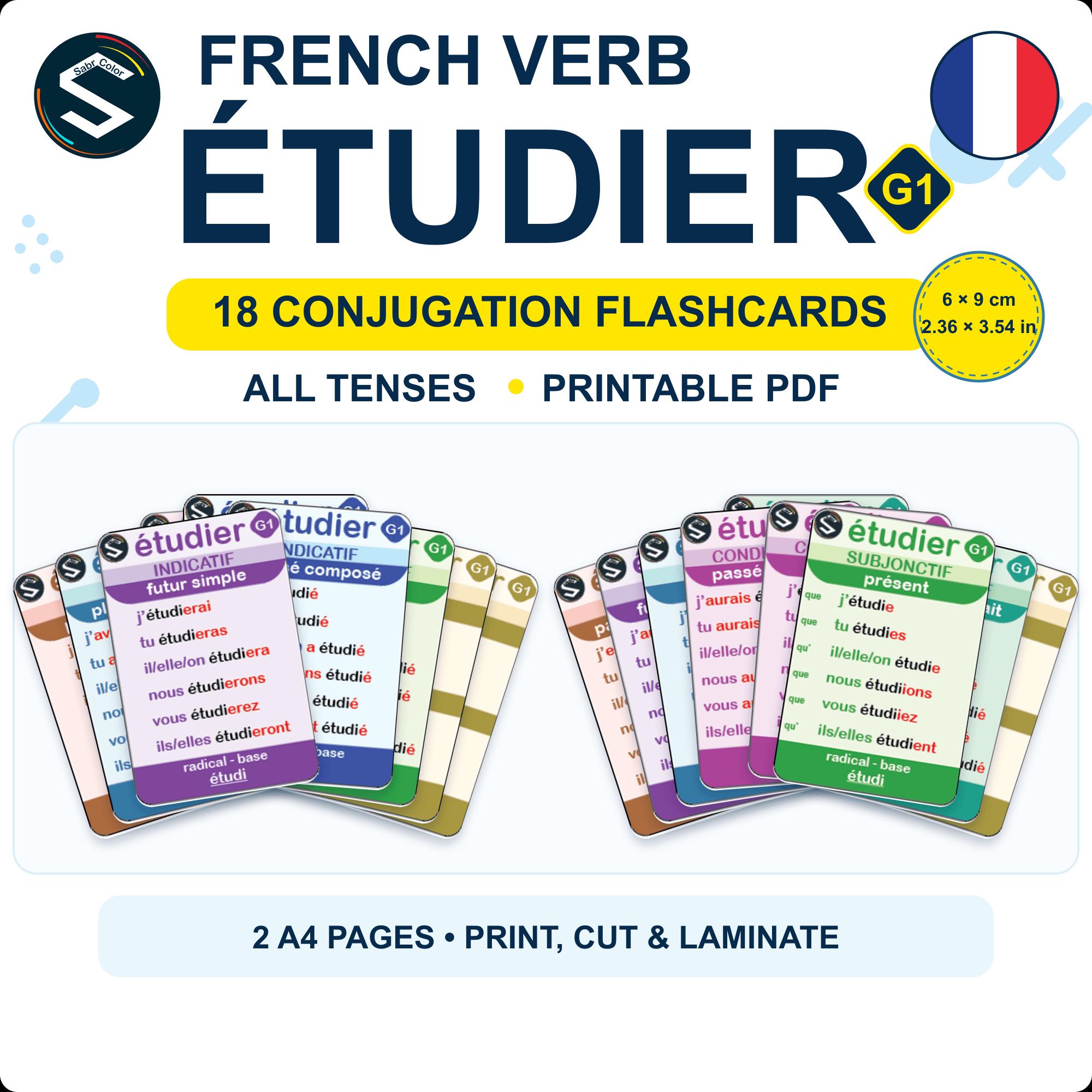フランス語動詞 Étudier 活用フラッシュカード | 印刷可能な時制カード