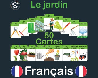 Puede incluir: Un conjunto de 50 tarjetas ilustradas en francés, que representan herramientas de jardinería, plantas y otros objetos relacionados con la jardinería. Las tarjetas están etiquetadas con la palabra francesa correspondiente a cada objeto. El texto "Le jardin" está en la parte superior de la imagen, y el texto "50 Cartes" está en el centro de la imagen. El texto "Français" está en la parte inferior de la imagen.