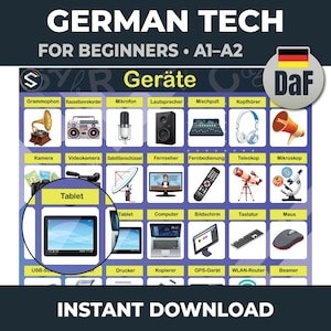 Geräte Deutsch Poster für Kinder, Technik Vokabeln Deutsch Lernen, Klassenzimmer Deko, Homeschooling Druck, DaF Lernposter